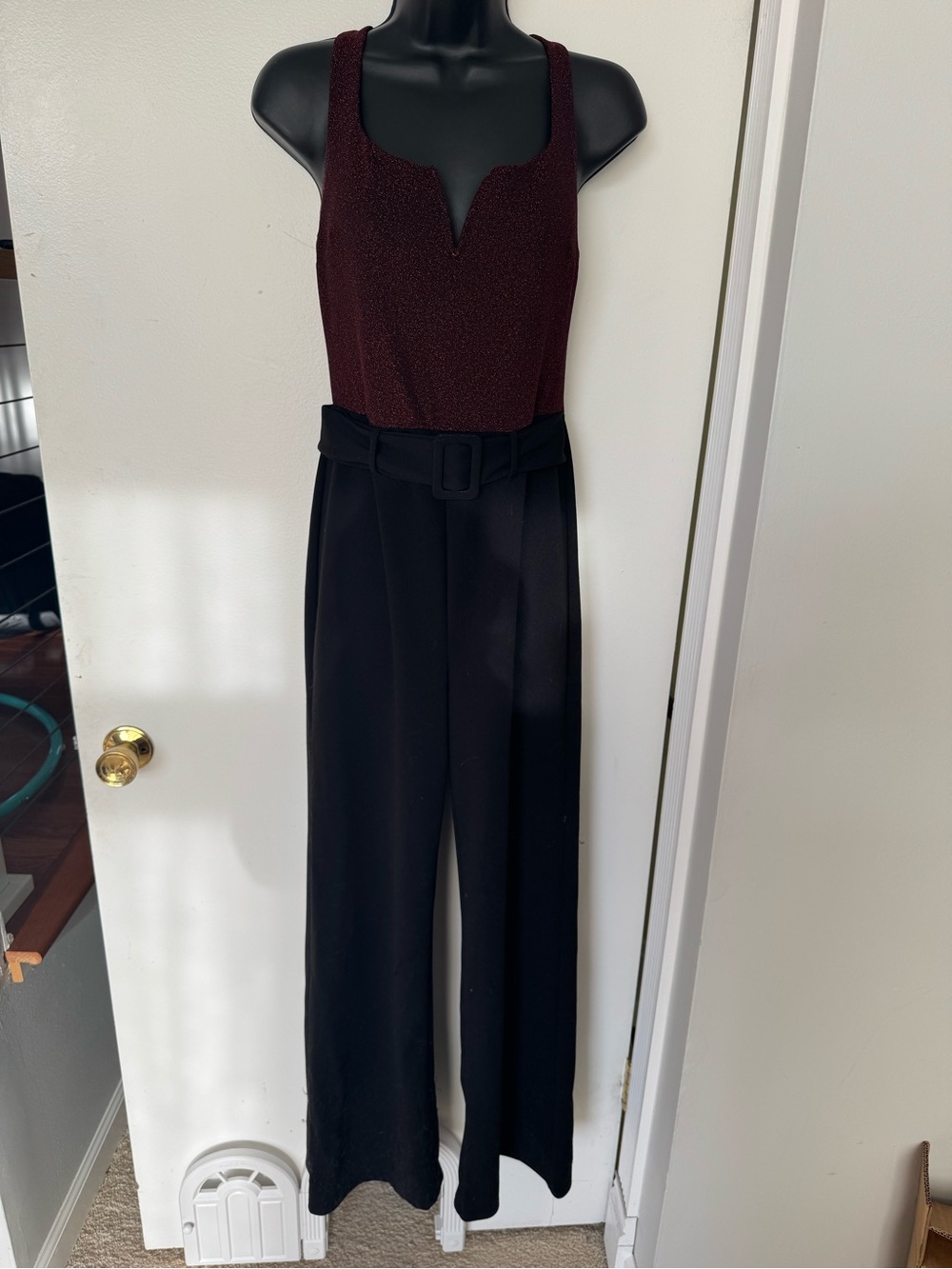 Charlotte Russe Burgundy & Black Sleeveless Belted Jumpsuit